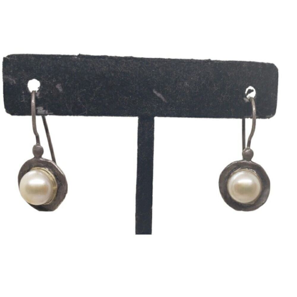 Vintage Earrings Sterling Silver 925 Israel Cultured Pearl Hand Hammered Long